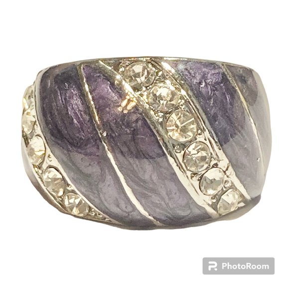Vintage Purple Enamel Cocktail Ring Silver Plated Crystal Rhinestone Size 7 Boho - Picture 2 of 11